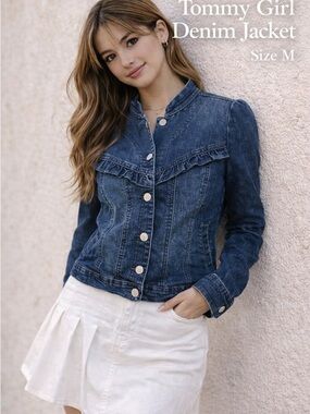 Tommy Girl Denim Jacket Ruffle Trim Fitted Blue Jean Jacket M